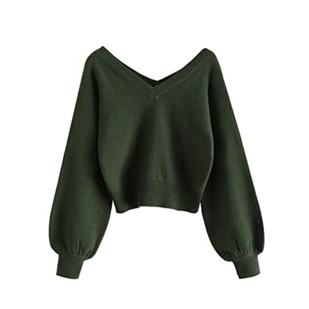 Womens V Neck Cropped Sweater Long Sleeve Knit Pullover Jumper Top Casual Fashio